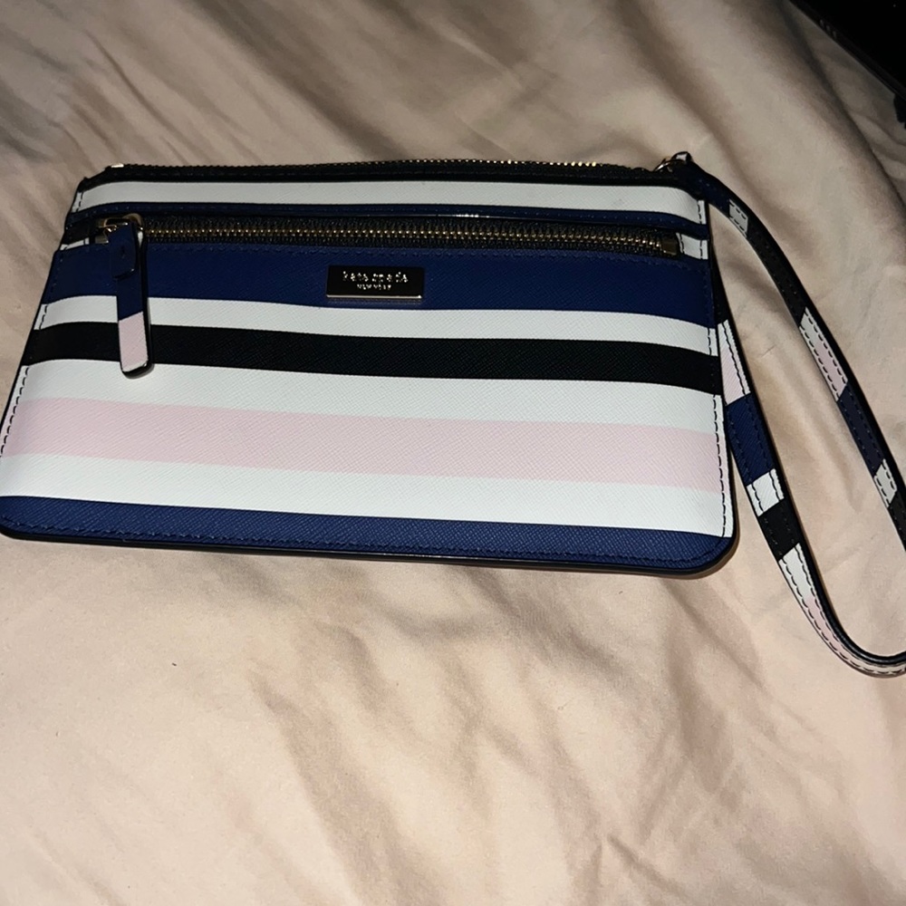 Kate Spade Blue, White, Pink, and Black Striped Wristlet - Picture 1 of 7